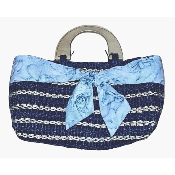 Handmade Wicker Woven Handbag with Bow and Wooden Handle 12" x 7" - Picture 1 of 7